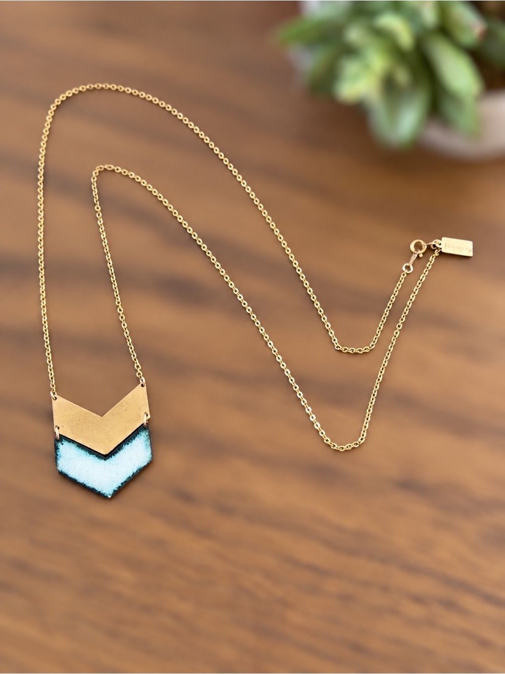 Gold-Tone & Aqua Enamel Chevron Pendant Necklace